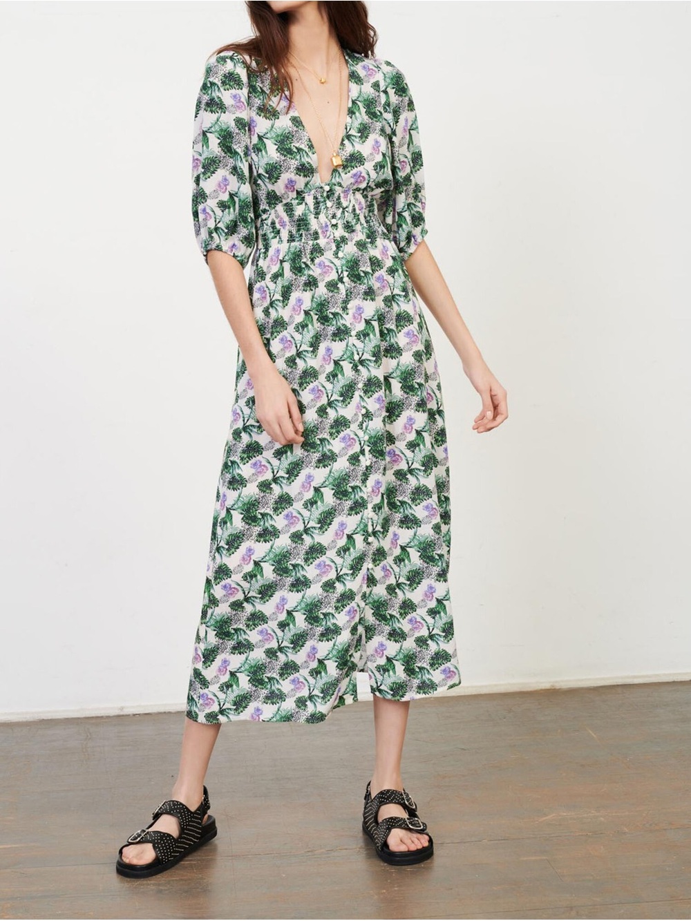 Maje Romantica Floral Printed Crepe Linen Midi Dress Whimsical Small